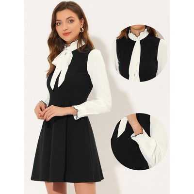 Женские платья INSPIRE CHIC Women's Elegant Contrast Ruffle Stand Collar Bow Tie Puff Sleeve Office Dress Small Black — фото 2