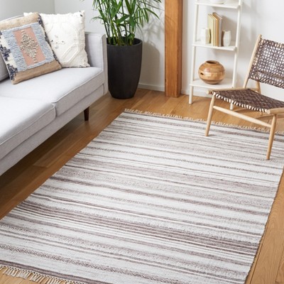 Ivory and Brown Striped Wool Kilim Rug - 3x5 Feet