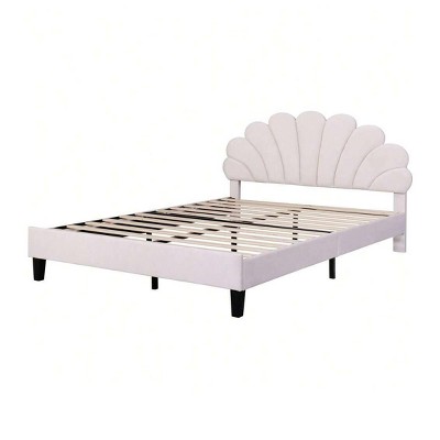 Beige - Queen Upholstered Bed Frame With Headboard Modern Velvet Platform Beds With Flower Pattern Wooden Slats Support