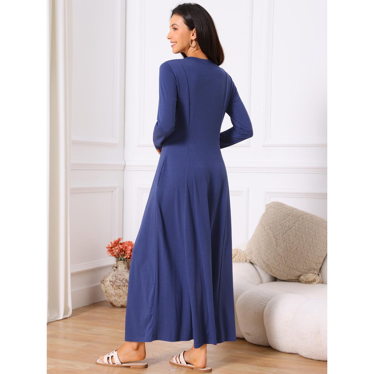 Женские платья INSPIRE CHIC Women's Fall Long Button Down Long Sleeve Flowy A-Line Maxi Dress with Pockets Deep Blue X-Large — фото 4
