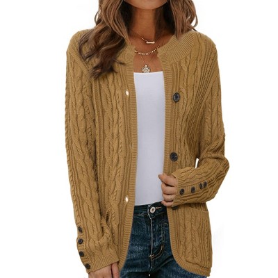INSPIRE CHIC Women's Button Down Long Sleeve Crew Neck with Pockets Casual Sweater Cardigan