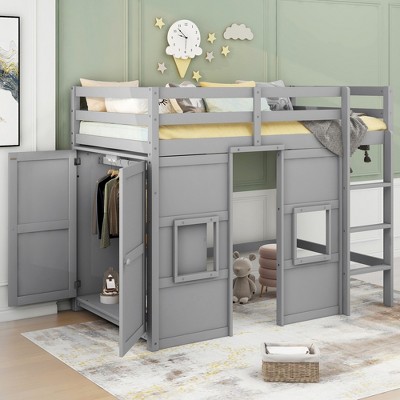 TIRAMISUBEST Twin Size Loft Bed with Built-in Storage Wardrobe and 2 Windows, Wooden Loft Bedframe with Ladder and Guardrail, Kids Playhouse Bed