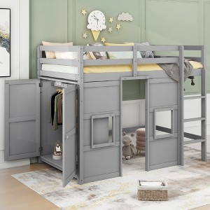 TIRAMISUBEST Twin Size Loft Bed with Built-in Storage Wardrobe and 2 Windows, Wooden Loft Bedframe with Ladder and Guardrail, Kids Playhouse Bed - 1 of 4