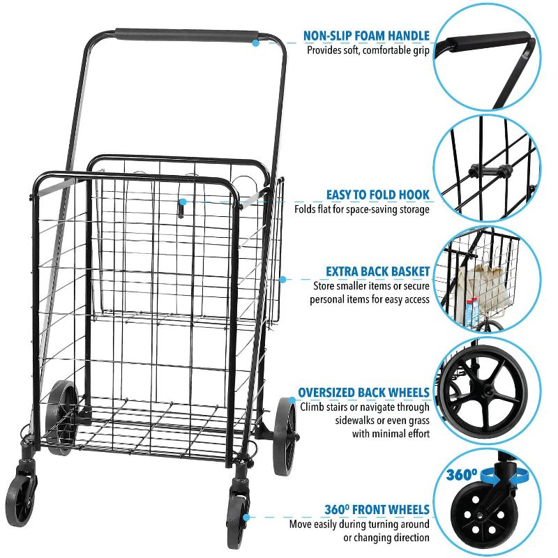 Mount-It! Rolling Utility Shopping Cart for Groceries and Other Supplies - Portable Grocery Cart with Double Baskets and Dual Swiveling Wheels, 3 of 6