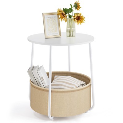 Glasflength Desks Round Edge End Table in Living Room, Nightstand, Bedroom Small Side Table with Fabric Basket, Steel Frame, White 20"*20"*25"