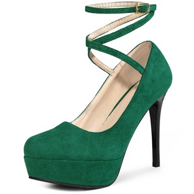 BLISSFUL STEP Women's Round Toe Stiletto Heel Cross Strap Lace Up Buckle Pumps