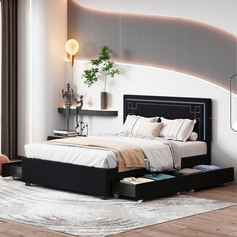 Queen Size Upholstered Platform Bed with Rivet-Decorated Headboard, LED Light and 4 Drawers - ModernLuxe, 1 of 13