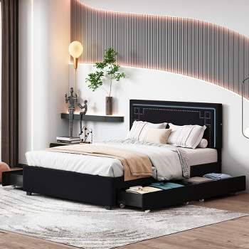 Queen Size Upholstered Platform Bed with Rivet-Decorated Headboard, LED Light and 4 Drawers - ModernLuxe