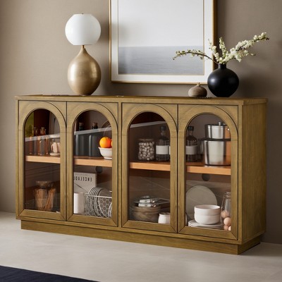 Storage Cabinet with 4 Door Glass Doors, Arched Cabinet with Adjustable Shelves for Living Room - Leovsnove