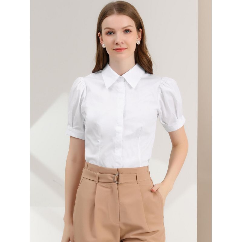 Allegra K Women's Puff Short Sleeve Collared Cotton Work Office Button Down Shirt, 2 of 7