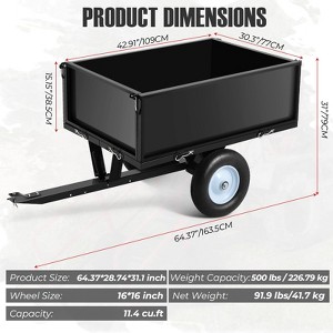 500lb Dump Cart 11.4 Cu Ft Steel Tow Trailer Removable Sides for ATV Lawn Tractor Mower Black - 1 of 4