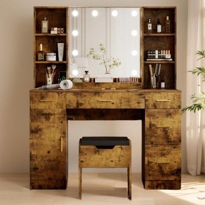 Vanity Desk with Mirror, Makeup Vanity Table with Led Light, 5 Sliding Drawers, Vanity Table with 6 Open Shelves, Makeup Dressing Table for  Women - 1 of 4