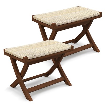 Tangkula 2PCS Folding Natural Rattan Ottoman w/Hand-woven Seat & X-shaped Teak Wood Frame