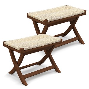 Tangkula 2PCS Folding Natural Rattan Ottoman w/Hand-woven Seat & X-shaped Teak Wood Frame - 1 of 4