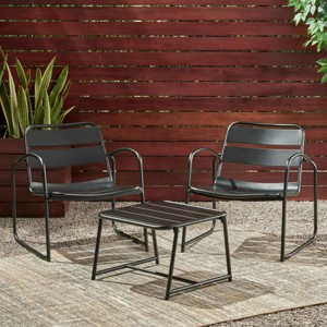 3-Piece Outdoor Patio Chat Set, Modern Slatted Chairs and Metal Side Table with Matte Black Finish, Balcony Conversation Seating -The Pop Home - 1 of 4