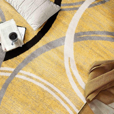 Yellow and Gray Abstract Circles 8' x 10' Synthetic Area Rug