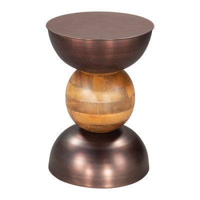 HomeRoots 20" Bronze and Brown Iron and Solid Wood Round Pedestal End Table