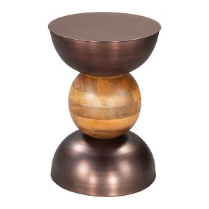 HomeRoots 20" Bronze and Brown Iron and Solid Wood Round Pedestal End Table - 1 of 4
