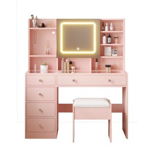 Barbie Pink Particle Board Tempered Glass Tabletop Laminated with Textured Melamine 5-Drawer Dressing Table Set - 1 of 4