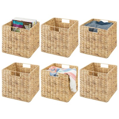 mDesign Hyacinth Woven Cube Bin Basket Organizer, Handles, 6 Pack, Natural/Tan