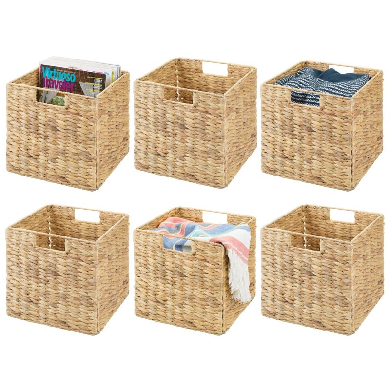 mDesign Hyacinth Woven Cube Bin Basket Organizer, Handles, 6 Pack, Natural/Tan, 1 of 10