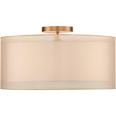 Antique Brass Double Drum Modern Ceiling Light with Champagne Organza Shade