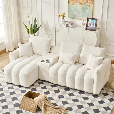 92" L-Shaped Sectional Sofa with USB Port & Storage Console,White Teddy Fur 5-Seater Sofa for Living Room,Apartment-Baofuwish