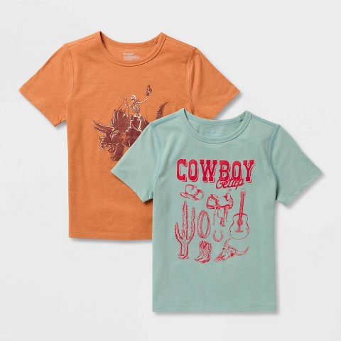 Cat & Jack Kids' 2pk Adaptive Short Sleeve 'Dino/Cowboy' Graphic T-Shirt - Cat & Jack™ Brown/Ocean Green XL