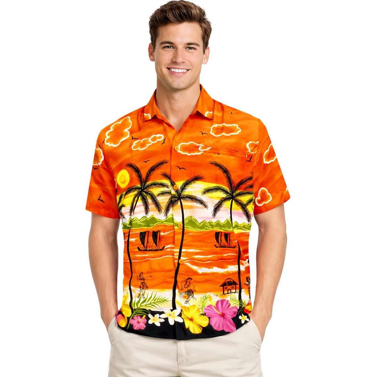 LA LEELA Mens Hawaiian Shirts Short Sleeve Button Down Shirt Mens Party Shirts Casual Vacation Summer Tropical Island Shirts Funny 7XL Orange,Floral