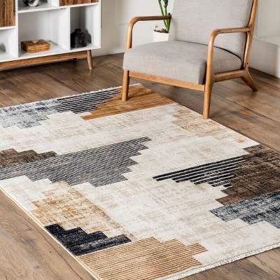 Navy and Beige Synthetic Southwestern Rectangular Area Rug