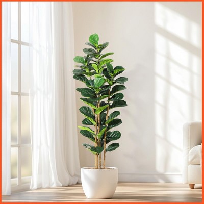 5 FT Faux Fiddle Leaf Fig Tree with White Tall Planter, Faux Trees with Artificial Plants 56 Fiddle Leaves Greenery