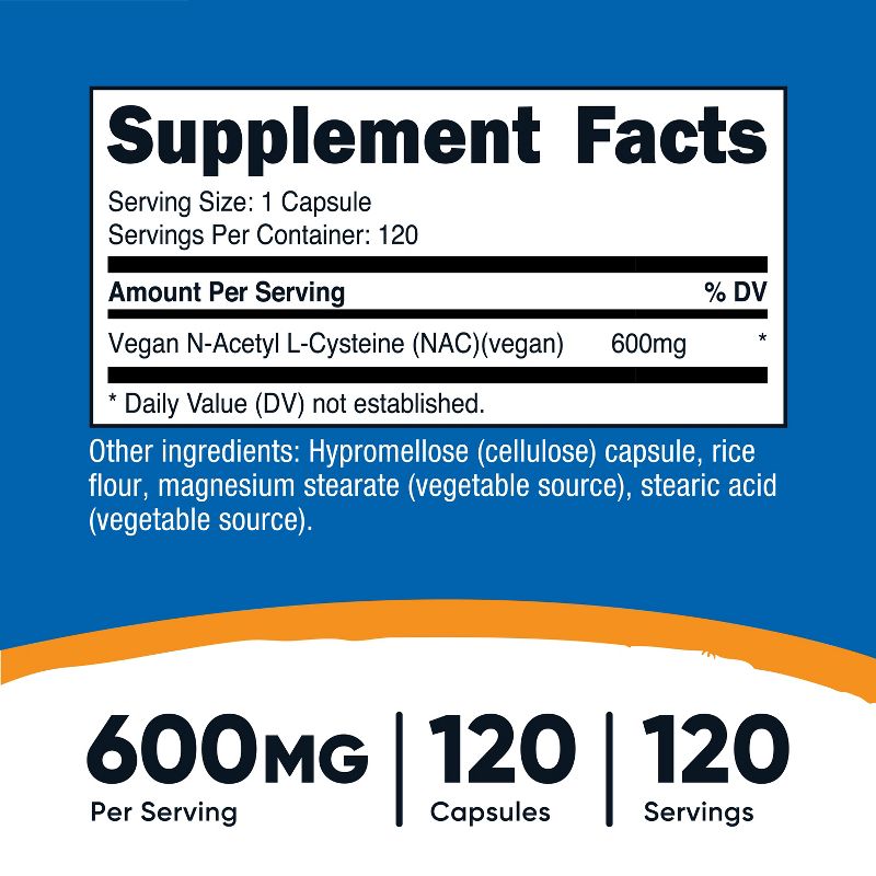 Nutricost N-Acetyl L-Cysteine (NAC) Capsules (180 Capsules / 600 mg NAC Per Serving) | NAC Supplement for Antioxidant Support - Gluten Free, Non-GMO, 2 of 6