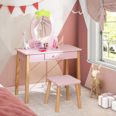 Costway Brandclub Costway Kid Vanity Table Stool Set with Mirror Wooden Legs Storage Drawer Pink