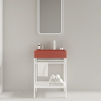 Bathroom Floor Cabinet,Bathroom Vanity With Ceramic Basin And Open Metal Leg And Storage Shelf,Freestanding Bathroom Furniture-Cuddlewood