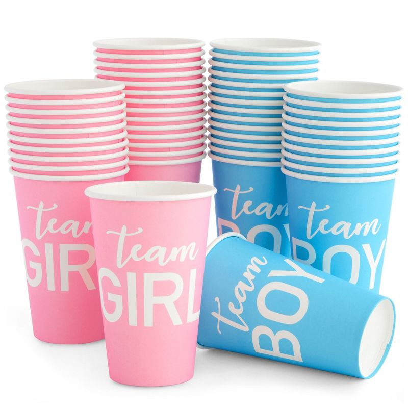 Blue Panda 50 Pack Paper Party Cups, Gender Reveal Party Supplies (12 oz, Pink and Blue), 1 of 9
