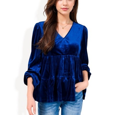 Anna-Kaci Women's Long Sleeve V-Neck Velvet Babydoll Top with Gathered Waist