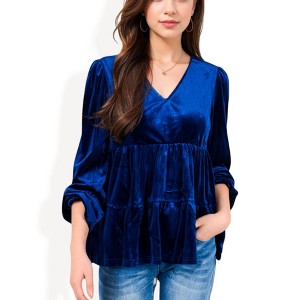 Anna-Kaci Women's Long Sleeve V-Neck Velvet Babydoll Top with Gathered Waist - 1 of 4