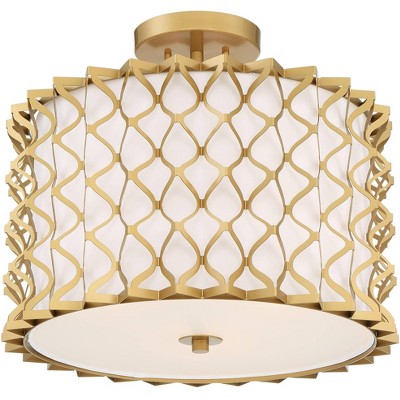 Possini Euro Design Modern Ceiling Light Semi Flush Mount Fixture Textured Gold 18" Wide Open Grid White Drum Shade for Bedroom