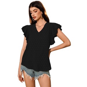 Women Tops for Summer Fashion Trendy Cap Sleeve V Neck Swiss Dot Chiffon Blouse Flowy Loose Fitting Teen T-Shirt - 1 of 4