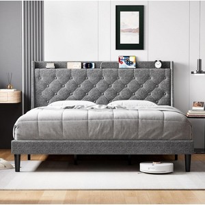 Upholstered Platform Bed w/ Charging Station, Wingback Headboard & Storage Shelf, Linen Fabric, Light Gray (Full/Queen/King) - 1 of 4