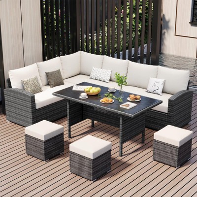 7-Piece Outdoor Wicker Patio Set with Glass Table & Cushions, Rattan Conversation Furniture for Balcony, Porch, Backyard, or Poolside