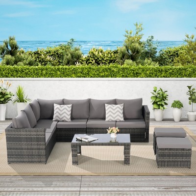 6-Piece Outdoor Wicker Sofa: All-Weather Rattan + Cushions & Glass Top Table – Easy Clean