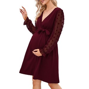 Womens Maternity Swiss Dot Long Sleeve Wrap Dress Fall Casual V Neck Nursing Midi Dress Baby Shower Photoshoot Belt - 1 of 4