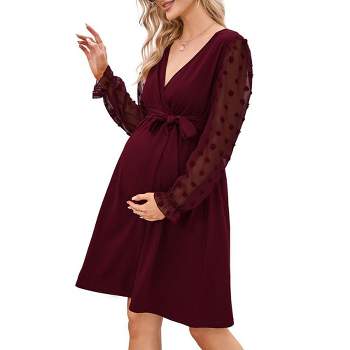 Womens Maternity Swiss Dot Long Sleeve Wrap Dress Fall Casual V Neck Nursing Midi Dress Baby Shower Photoshoot Belt