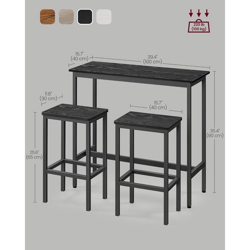 VASAGLE Bar Table and Chairs Set, Square Bar Table with 2 Bar Stools, Dining Pub Bar Table Set for 2, Living Room, Party Room, Rustic Brown and Black, 5 of 7