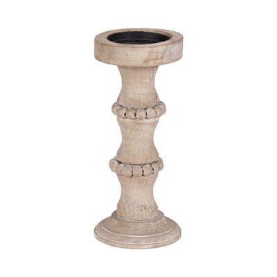 Wood Pillar Candle Holder with Decorative Beads, Antique Finish Candlestick for Home or Wedding Decor, Ivory/Beige