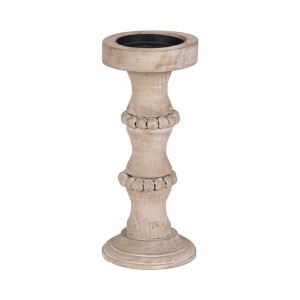 Wood Pillar Candle Holder with Decorative Beads, Antique Finish Candlestick for Home or Wedding Decor, Ivory/Beige - 1 of 4