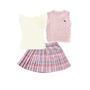 Mi Amore Gigi Plaid Skirt and Top with Vest Set - 1 of 3