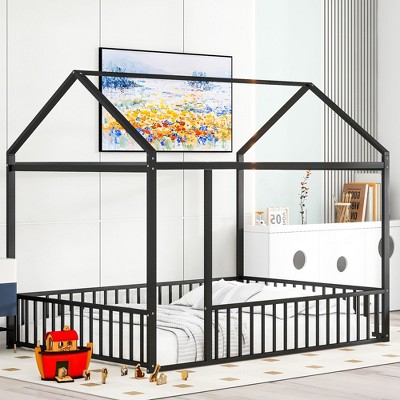 Twin/Full Size Metal Bed House Bed Frame with Fence, Floor Bed for Kids, Teens - ModernLuxe