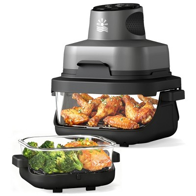 Etust Portable Glass Air Fryer Indoor Grill, 4-in-1 Cooking System, 4L & 1.5L Glass Bowls, Large Air Fryer for Home